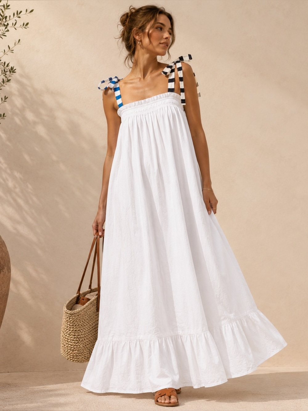 NWT Addison Bay White Maxi Dress with Blue and Black Checked Ties